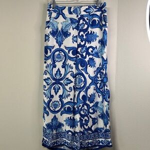 Haute Hippie Blue White Mosaic Wide Leg Rayon Pants Size L